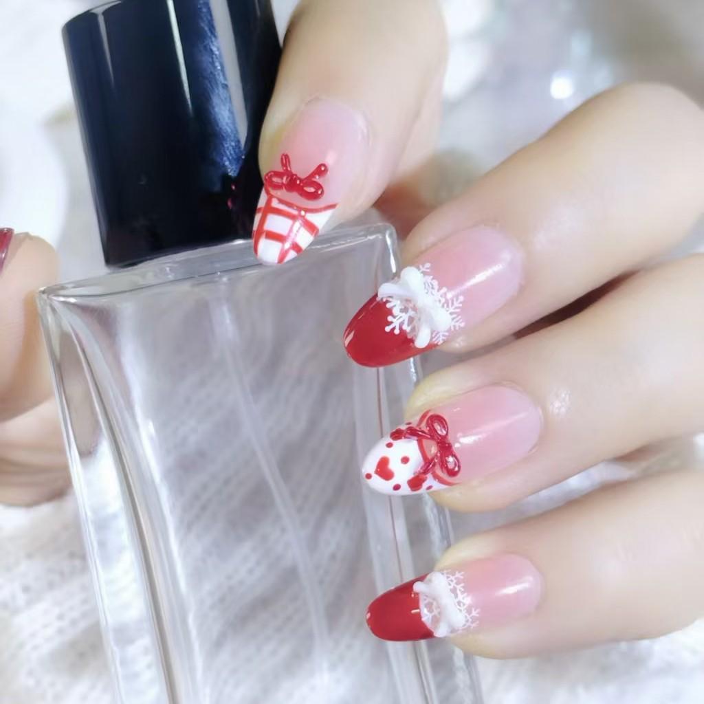 Handmade Christmas Red Lace Bow Heart Plaid Nails - Girly Brightening Manicure