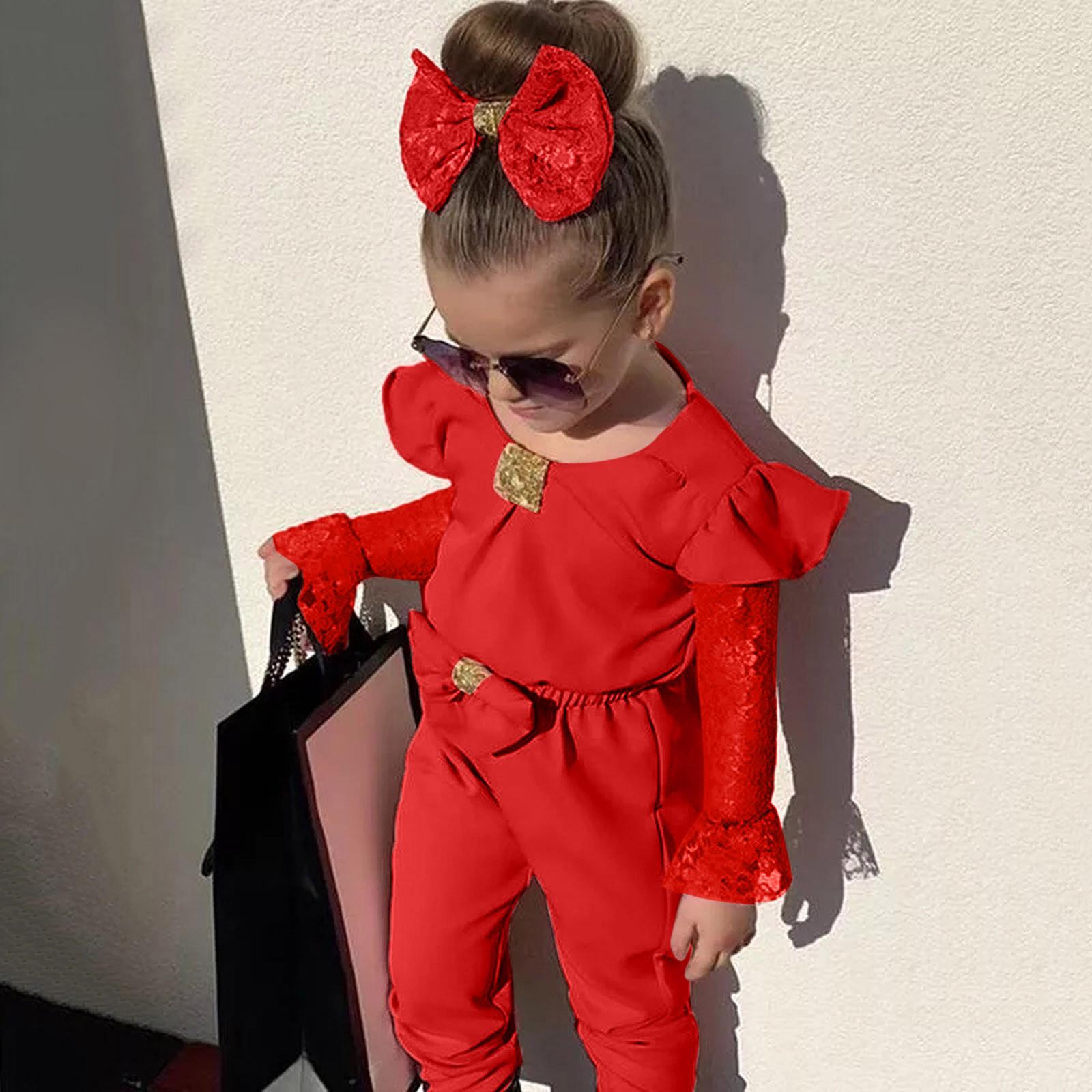 

(SU)Кружевной комбинезон с расклешенными рукавами и бантом для маленьких девочек, комбинезон + комплекты повязок на голову 120 красный