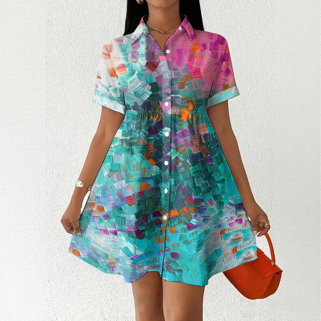 Women’s Casual Loose Fit Button Down Shirt Dress with Stand Collar and Floral Print Short Sleeve Design for Daily Wear