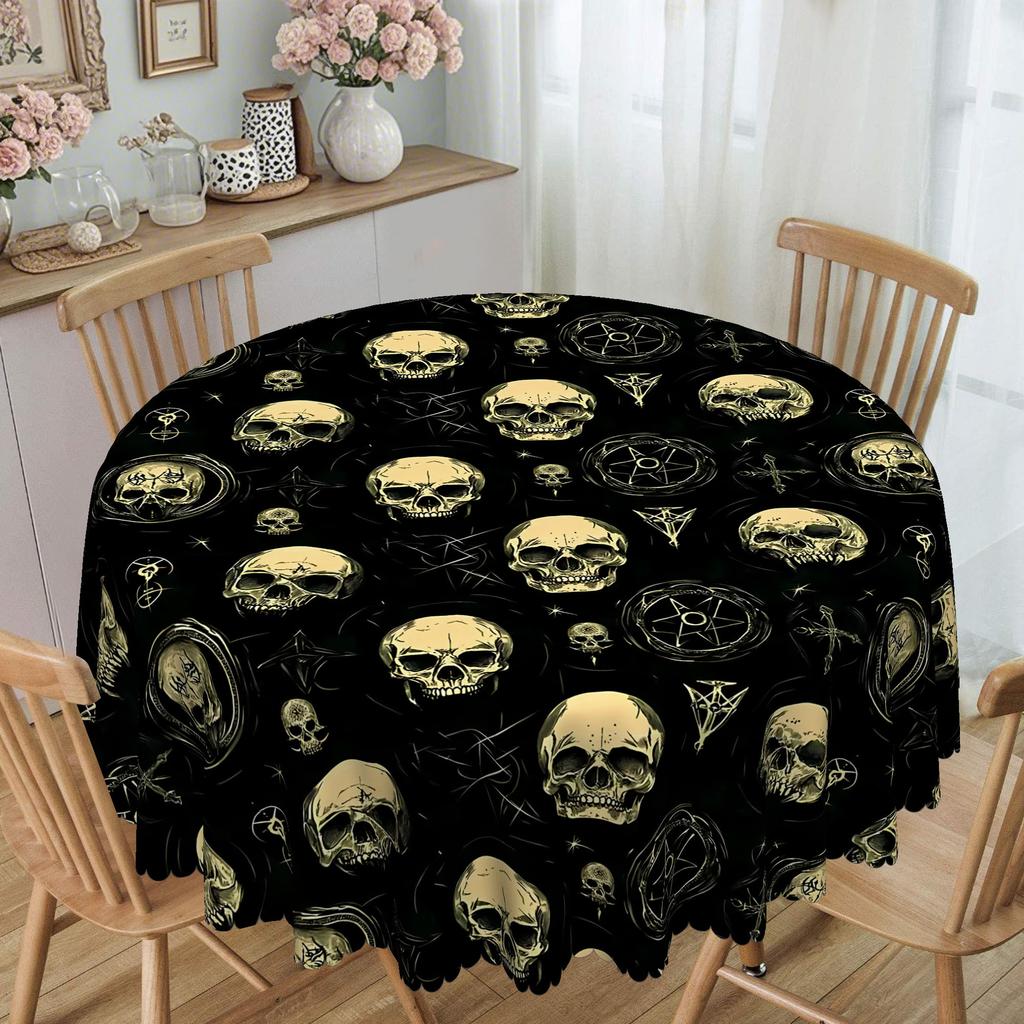 1 Gothic Skull Tablecloth - Vintage Black Polyester Fabric, Complex Skull Pattern Fits Long Round Tables
