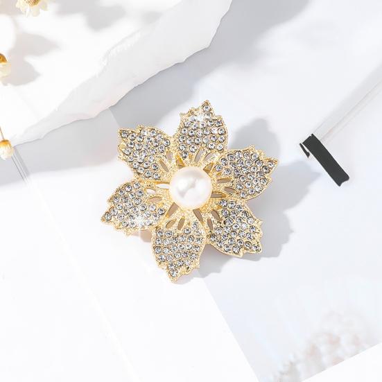 Lady Brooch Bauhinia Shape Rhinestone Faux Pearl Hollow Out Anti-slip Bag Coat Collar Hat Decoration Clothes Pin Party Prom