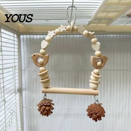 Wooden Blocks Bird Chew Toy Parrot Swing Perch, Toy, Beaded Arch Play Gym with Bells or Pine Cones, Cage Accessories for Parakeet Cockatiel