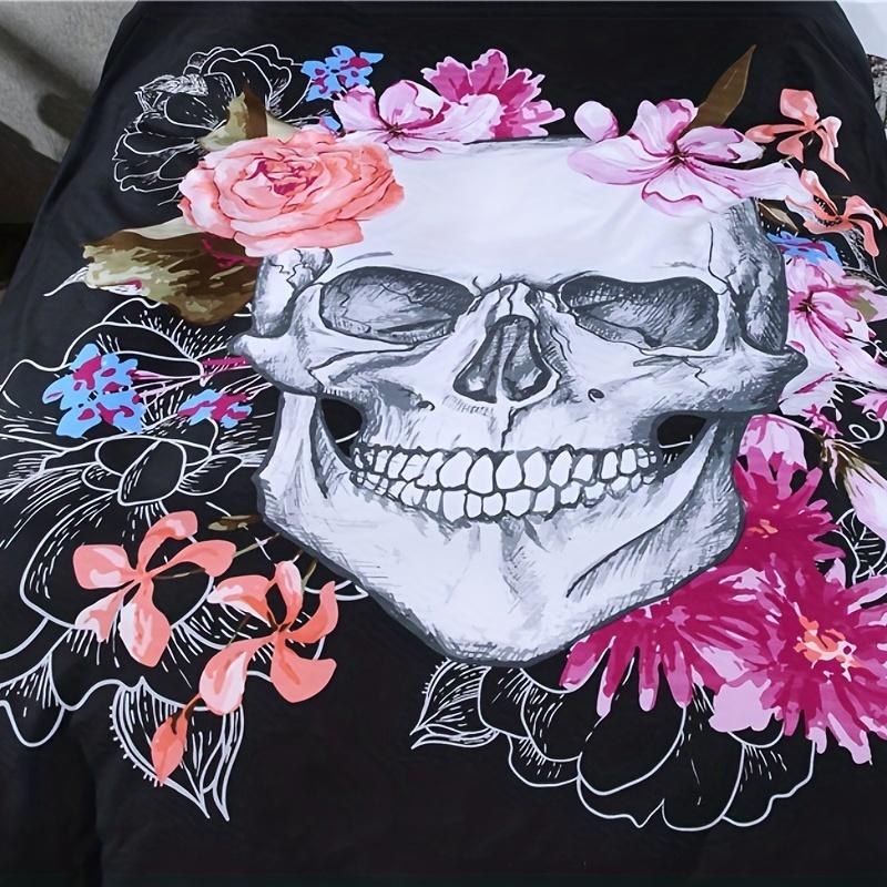 3pcs Soft and Comfortable Skull Flower Print Duvet Cover Set for Bedroom and Guest Room - Includes 1 Duvet Cover and 2 Pillowcas