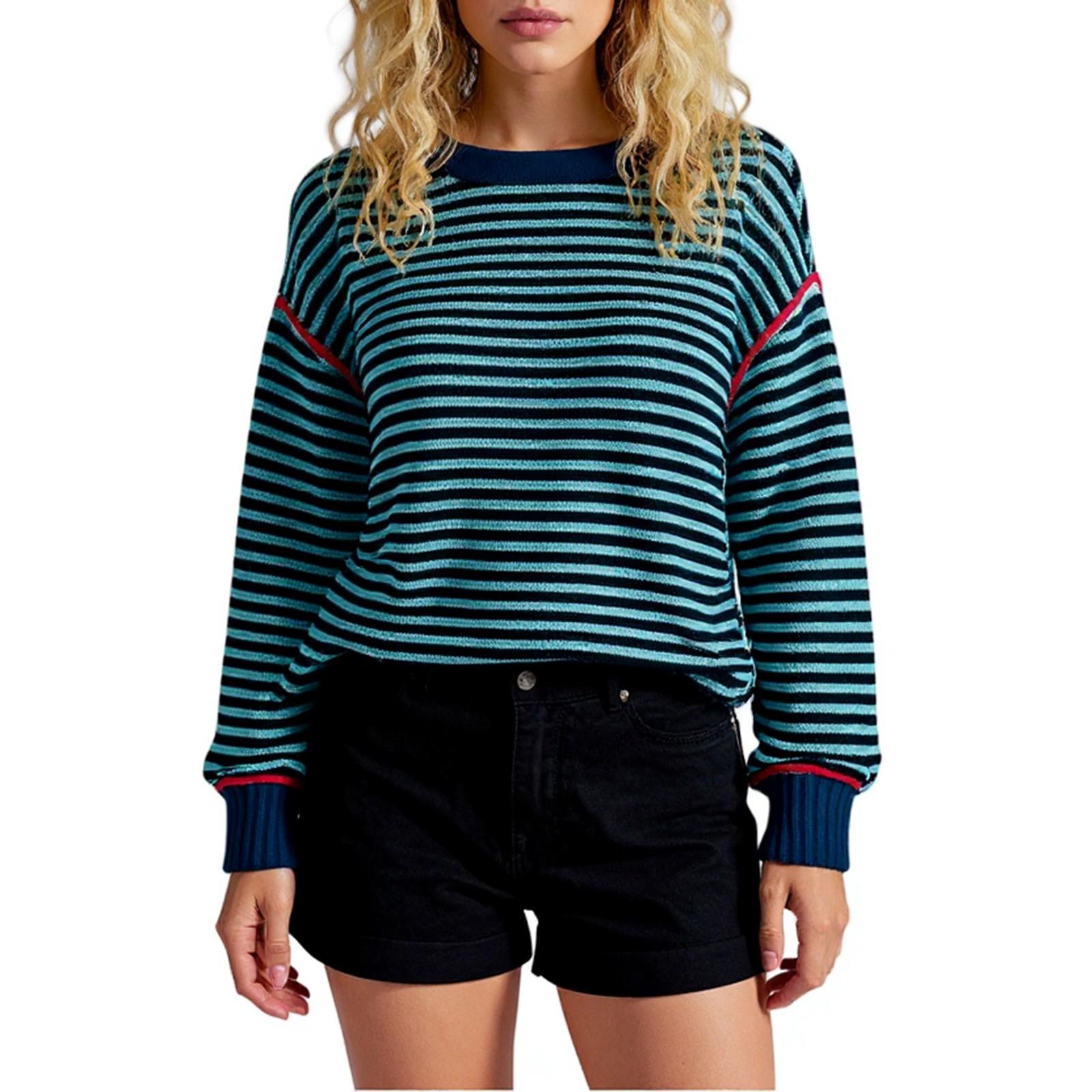 

Women s Long Sleeved Striped Patchwork Knitted Round Neck Pullover Top L тёмно-синий