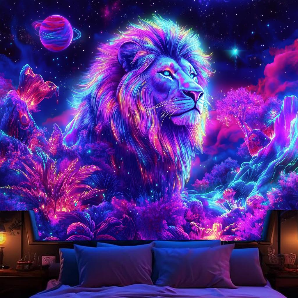 Neon Floral Lion View  Fluorescent Tapestry Outer Space UV BlackLight Tapestry, Wall Hanging For Living Room Bedroom Office Home Decor