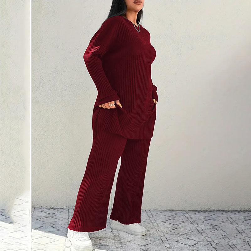 Women Plus Size Ribbed Lounge Set Crew Neck Top Wide Leg Pants 2 Piece Outfit