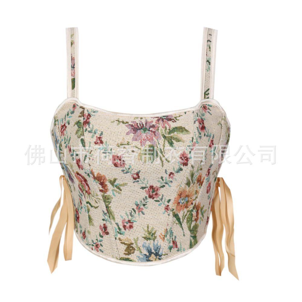 Vintage French Jacquard Tie Waist Slim Fit Women S Camisole Bustier Top