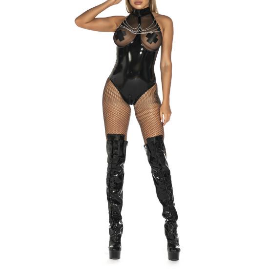 Nadměrná velikost Trendy Pohodlné ženy Umělá lesklá kůže Prsa Zip Bez rukávů Síťovaná sexy body v rozkroku