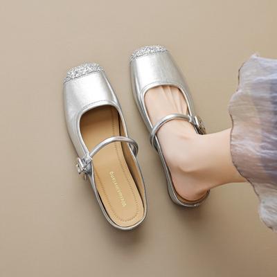 French Half Slippers Women Summer Outer Wear Baotou One Word Strap Cool Slippers Rhinestone Inner Height Enhancement Single Shoes