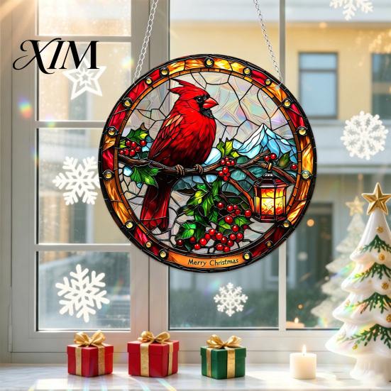 Christmas Porch Decorations 2D Acrylic Suncatcher, Stained Glass Style Black Cat Window Hanging, Colorful Holiday Ornaments Hanging Plaque with Chain
