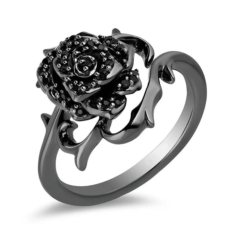 Huitan Novel Black Flowers Rings for Women Unique Gorgeous Personal Finger Accessories Elegant Attractive Wedding Band Jewelry