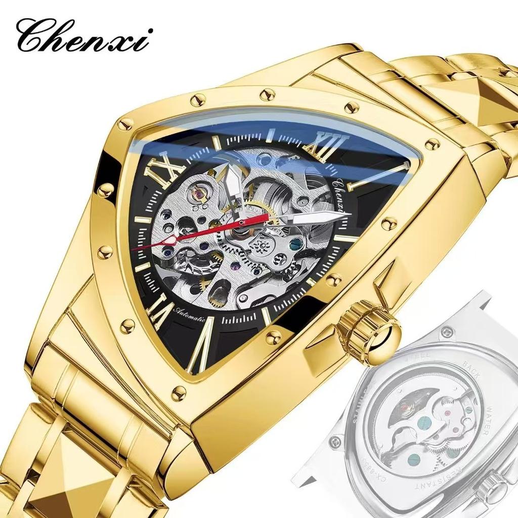 Automatic Man Watch Luxury Stainless Steel Triangle Dial Mechanical Wristwatches Skeleton Waterproof Luminous Watch