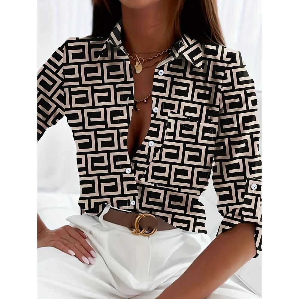 Elegante Damenmode Bluse 2023 Frühling & Herbst Digitales Kettenmuster Hemd Pendler Schlank Büro Damenbluse S-5XL