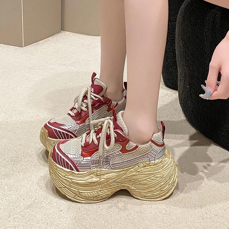 Fashion 8.5CM Comfort Chunky Sneakers Casual Outdoor Non-slip Vulcanized Shoes Woman High Platform Sneakers Lace Up Sport Shoes Women