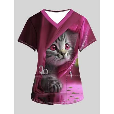 Damen V-Ausschnitt Niedliche Katze Bedruckte OP-Kittel Oberteile Kurzarm Atmungsaktives Polyester Schwesternuniform Schwestern OP-Kittel