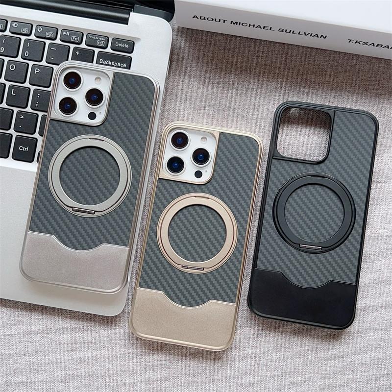 Magnetic Push-Pull 360 Rotate Bracket Metal Phone Case For iPhone 14 15 16 Pro Max Magsafe Carbon Fiber Texture Shockproof Cover