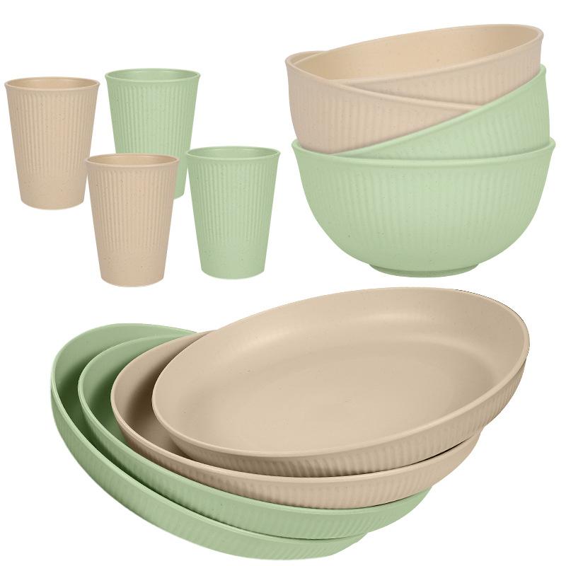 12Pcs Colourful Wheat Straw Dinnerware Sets Reusable Wheat Straw Plates and Bowls Sets Kitchen Unbreakable Dinnerware Sets