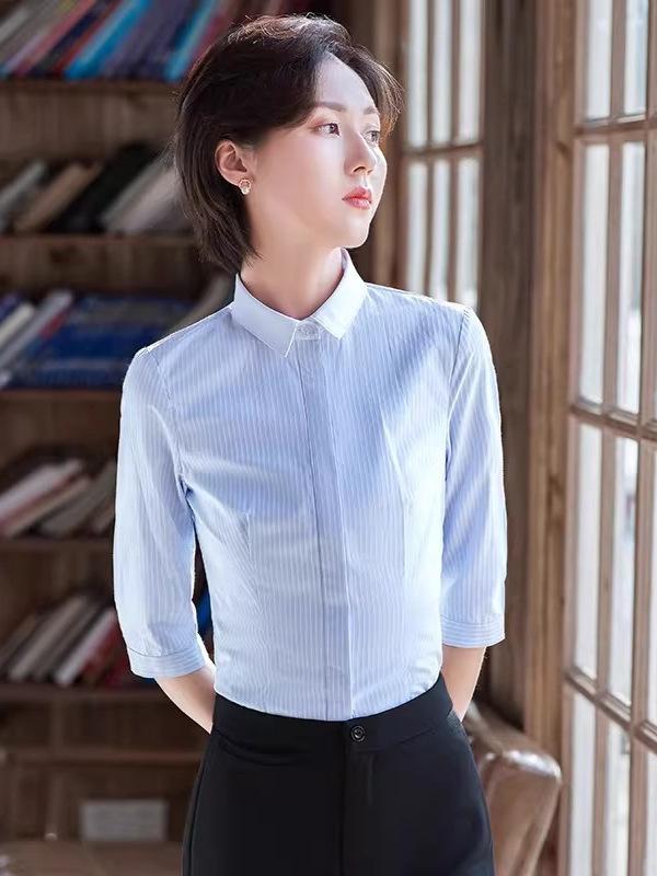 Women's Blue Striped Slim-Fit Work Shirt with Mid-Length Sleeves for Spring/Summer