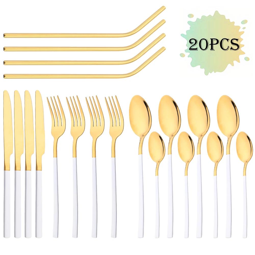 Set di stoviglie di lusso dorate da 20 pezzi Posate in acciaio inossidabile Coltello Forchetta Cucchiaio Cucchiaino Cannuccia in metallo Set di posate Posate da cucina
