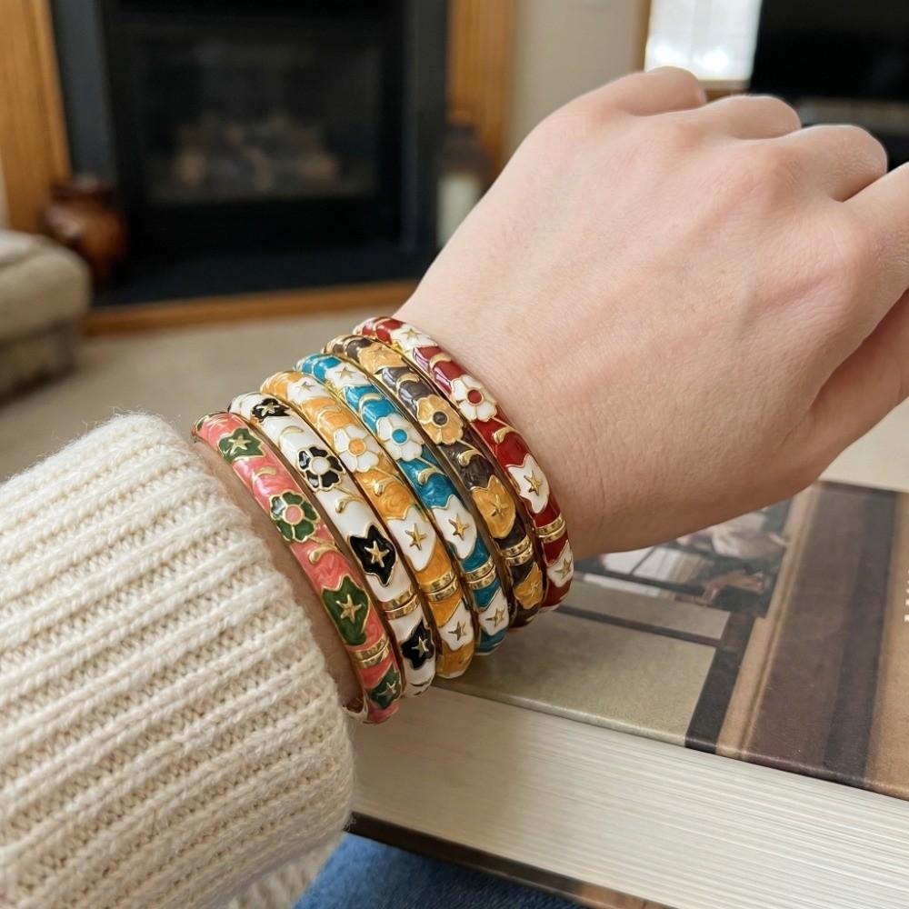 Enamel Colorful Flower Bangle Traditional Women's Hand Bracelet Vintage Cloisonne Bangle Ladies