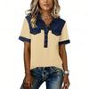 Denim Patchwork Hemden für Damen Stehkragen Lässige Bluse Kurzarm Bequemes T-Shirt Frühling Sommer Mode