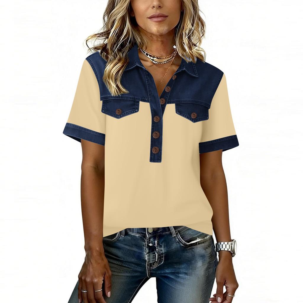 Denim Patchwork Hemden für Damen Stehkragen Lässige Bluse Kurzarm Bequemes T-Shirt Frühling Sommer Mode