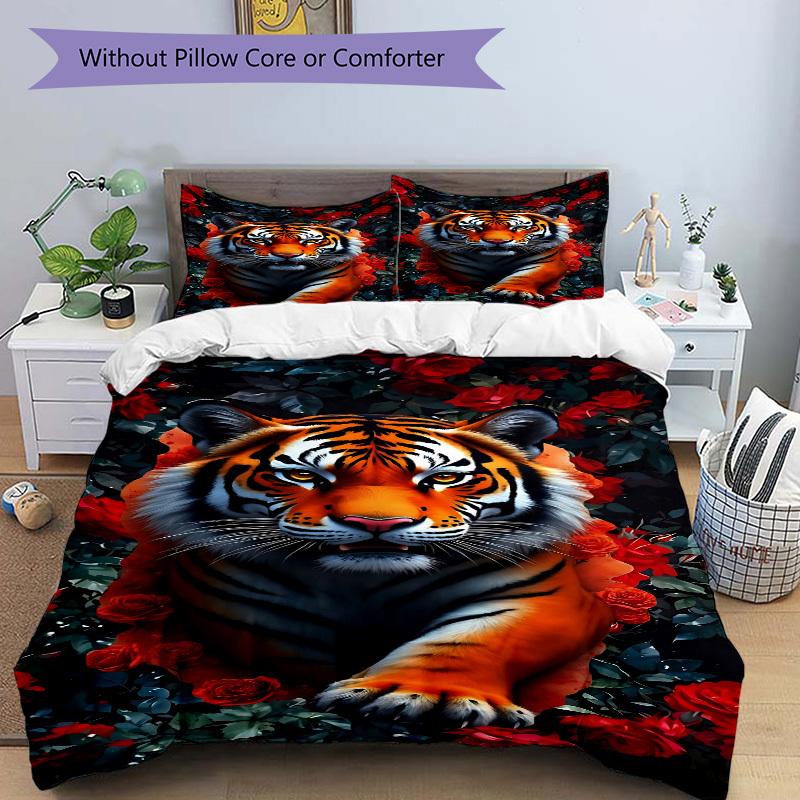 3pcs Tiger Roses Print Duvet Cover Set, Soft Comfortable Duvet Cover,Guest Room (1*Duvet Cover + 2*Pillowcase, Without Core) Yy251104120