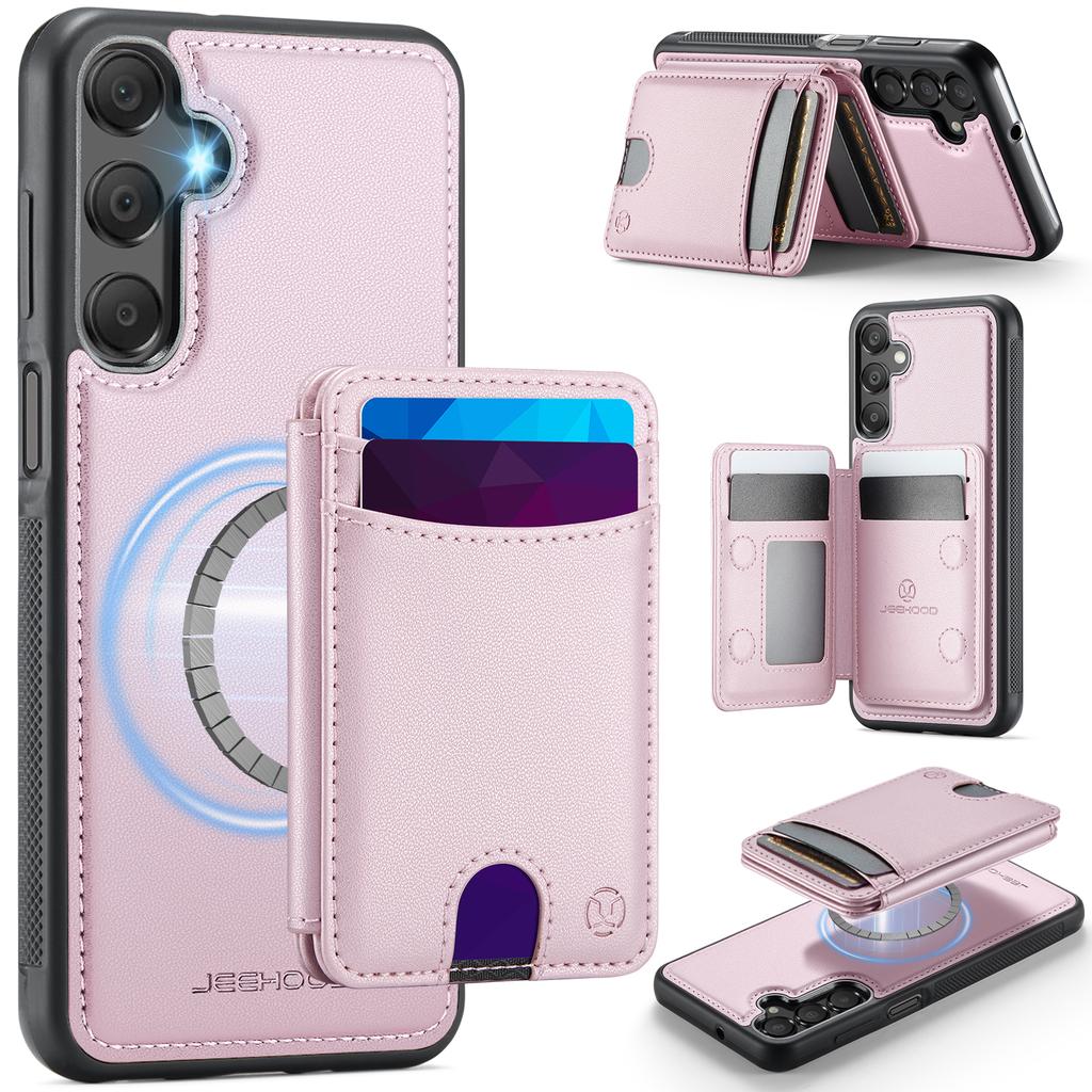 For Samsung Galaxy A15 5G/Galaxy A15 4G Magnetic Case JEEHOOD J10 Leather Back Phone Cover with Detachable Card Holder Kickstand