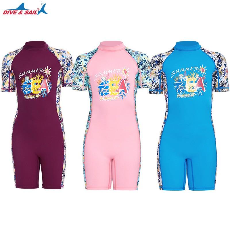 Children's Swimming Clothes Girls Sunscreen Quick-drying One-piece Short-sleeved Swimsuit Children Baby Hot
