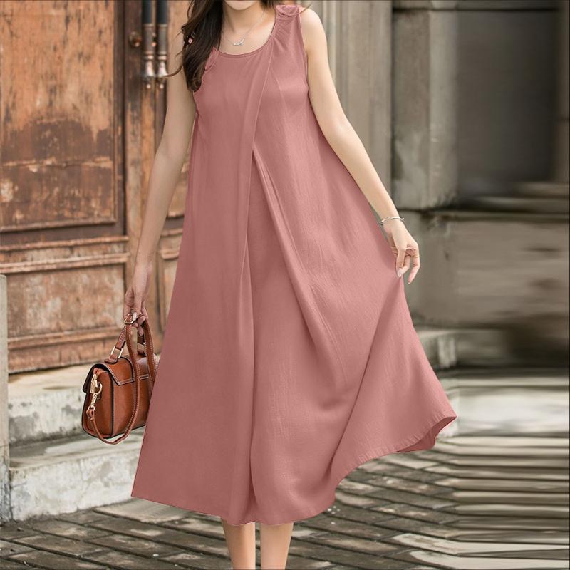 ZANZEA Women Round Neck Summer Casual Sleeveless Dress