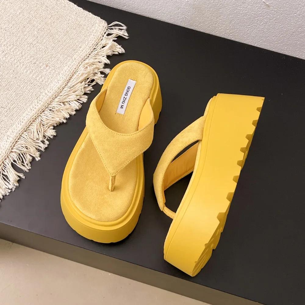 Wedge Outdoor Slippers Women's Summer Thick Bottom Flip Flops Outdoor High Waist Seaside Beach Leisure Flip Flops Suede