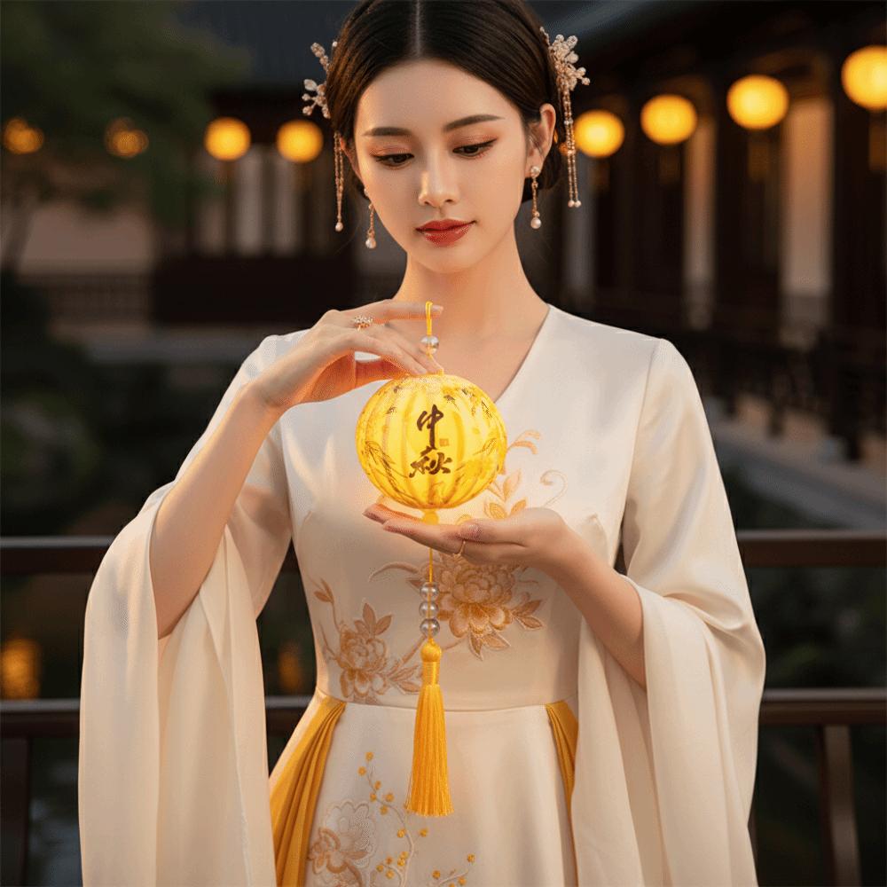 LED Bead Mid Autumn Lantern Sturdy Frame Glowing Holiday Lamp Printed Fabric Lantern  Culture Fans
