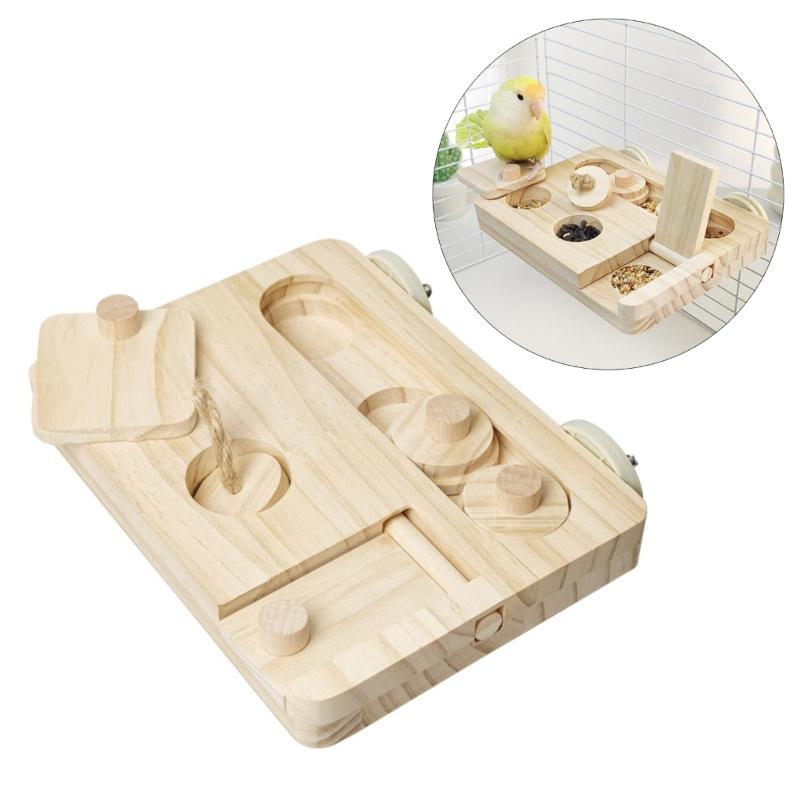 Wooden Bird Foraging Toy with Enrichment Puzzle for Training & Chewing Natural Wood Stand Platform Feeder Cage Decors