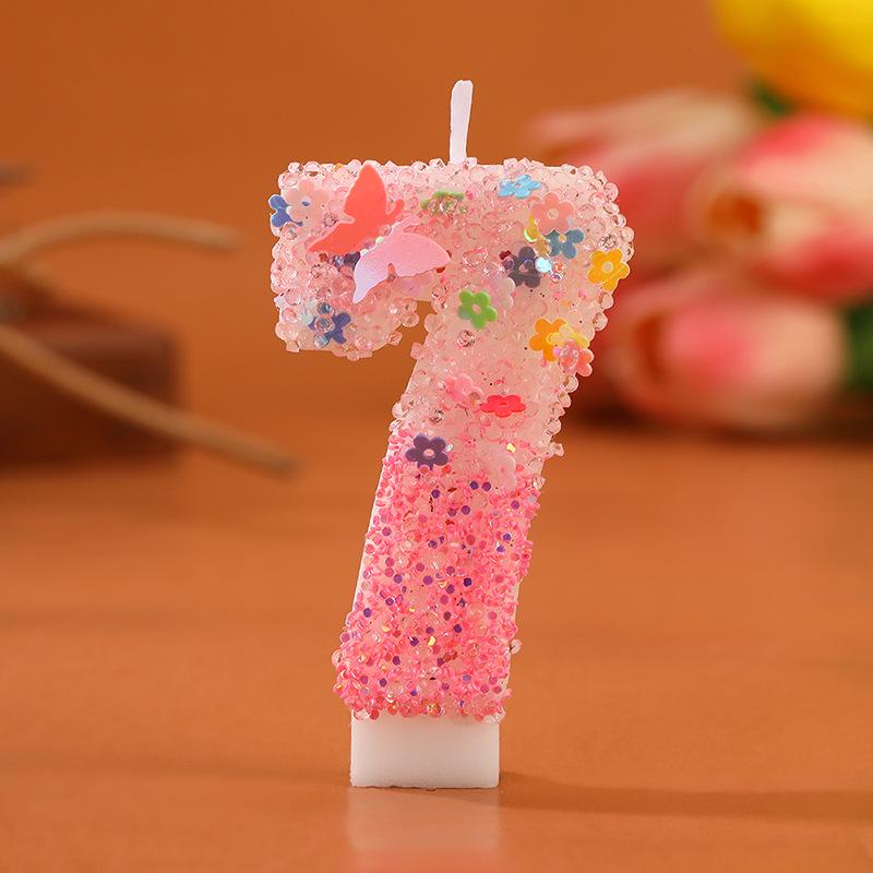 Romantische rosa Farbverlauf-Zahlenkerze mit Schmetterling und Blumen-Glitzer für Geburtstags-Kuchendekorationen
