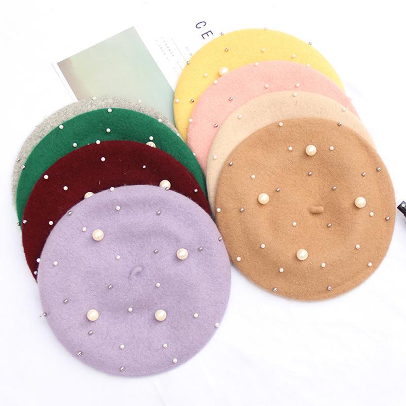 Pearl Rivet Painter Hat Femininity Luxury Wool Beret Gypsy Star Bead Bud Hat