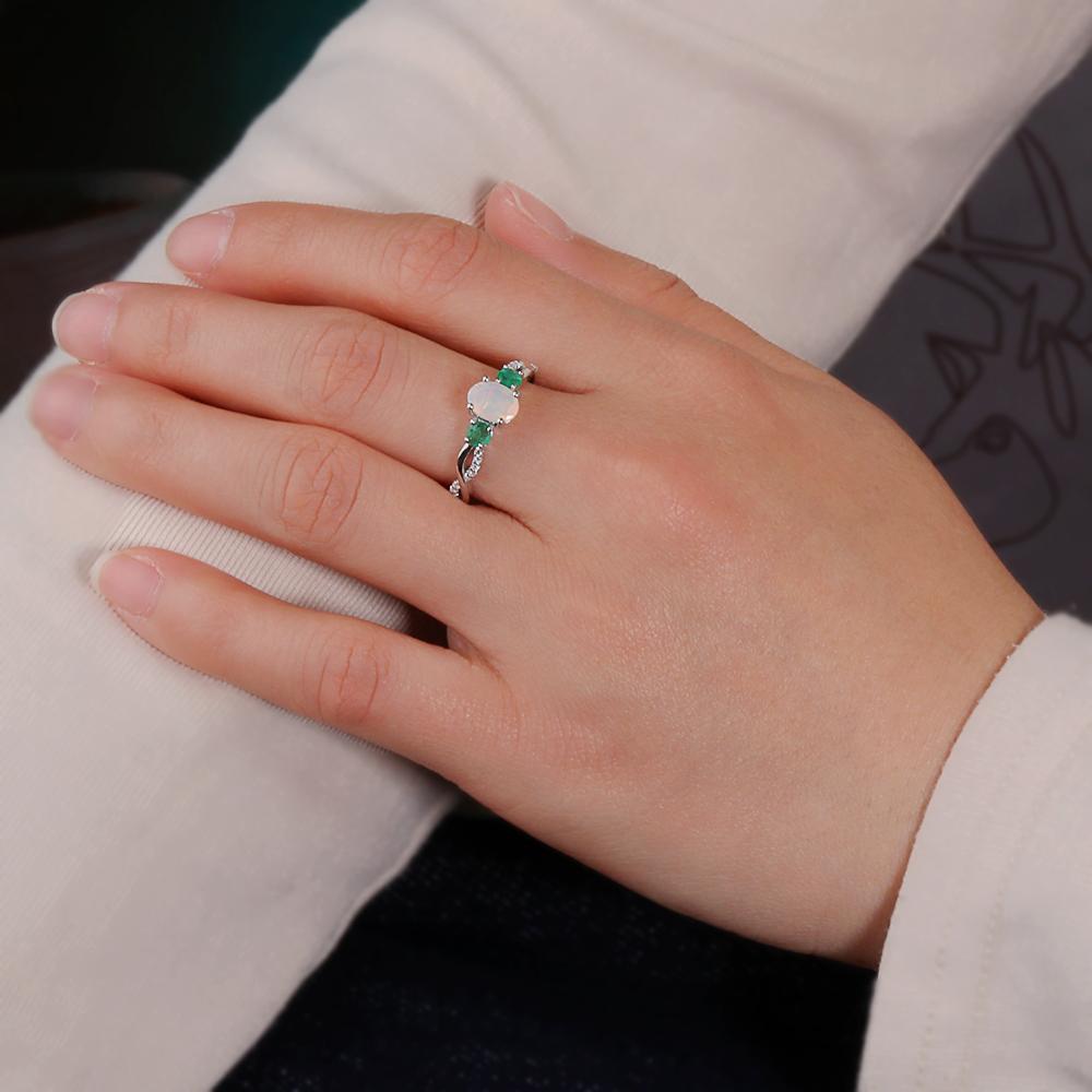 Noble Elegance October and May Birthstone Natural Opal with Green Emerald Ring 925 Silver Gemstone Jewelry for Women