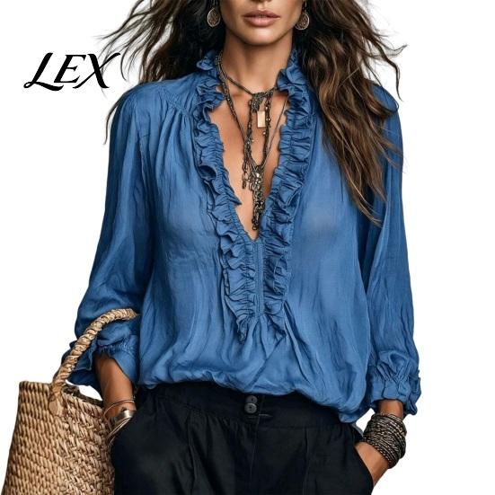 Ruffle V-Neck Shirt Women Top, Solid Color Casual Long Sleeve Office Wear Blouse Pullover Shirt, Retro Pleated Loose for Autumn Classic Fall Top