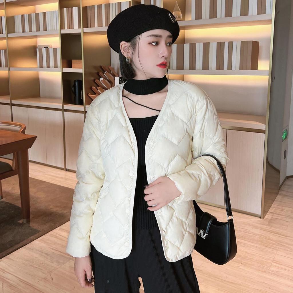 Damska lekka kurtka puchowa z dekoltem w serek 2025: Codzienna, Bez kołnierzyka, Krótka, Odzież wierzchnia Plus Size