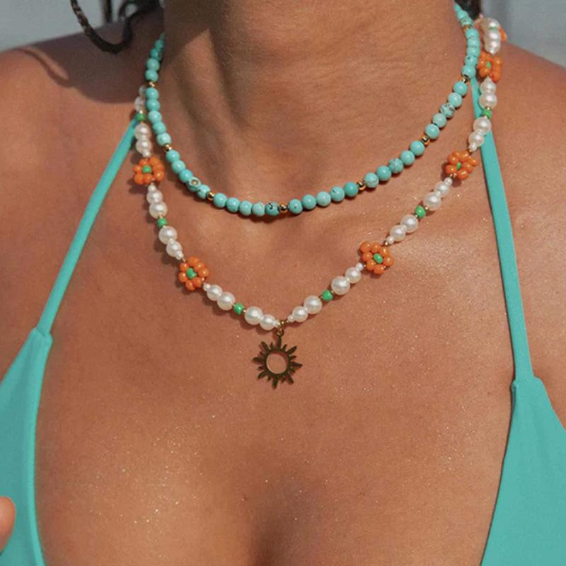5mm Blue Turquoise Beads Necklace For Women Semi Precious Stone Charm Choker Neck Power Jewelry Summer