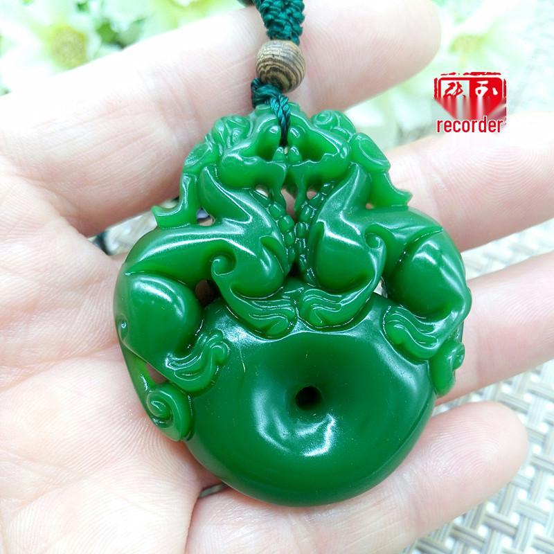 Xinjiang Hetian Jasper Double Pixiu Spinach Green Pendant 616