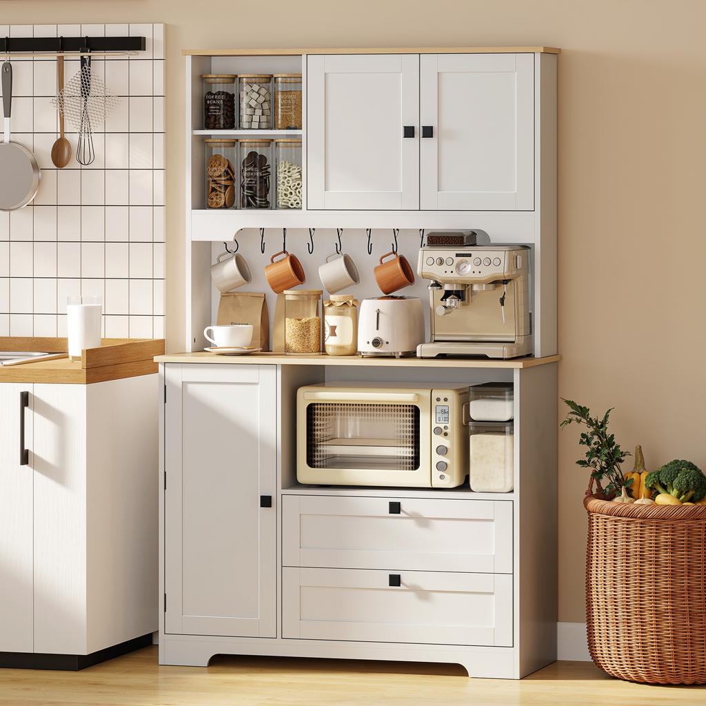 Kitchen Sideboard, High, 3 Doors, 2 Drawers, Worktop, Open Compartments, White