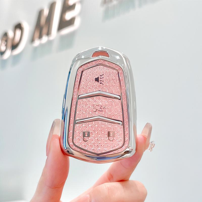 Car For Cadillac ATS CT6 CTS DTS XT5 Escalade ESV SRX STS XTS 28T ELR 4 5 Button Key Case Cover Fob Keychain Crystal Pink TPU