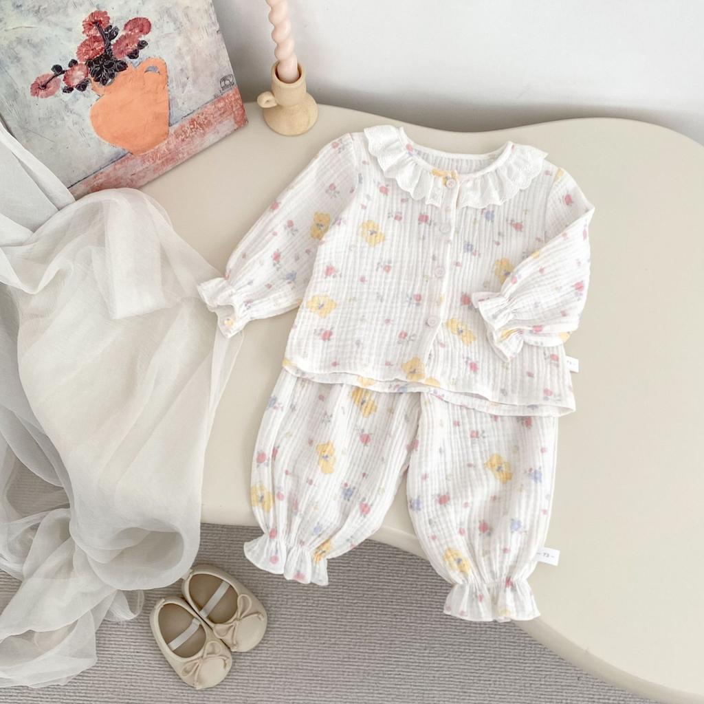 Baby Girls Spring Autumn Cotton Double Gauze Pajama Set with Lace Trim Cardigan and Long Pants