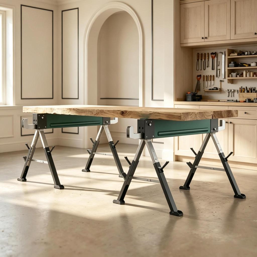 2 Foldable Metal Trestles As a Set, Max. Load 1160 Kg, Height-adjustable 64-81 Cm, Includes Carrying Handle