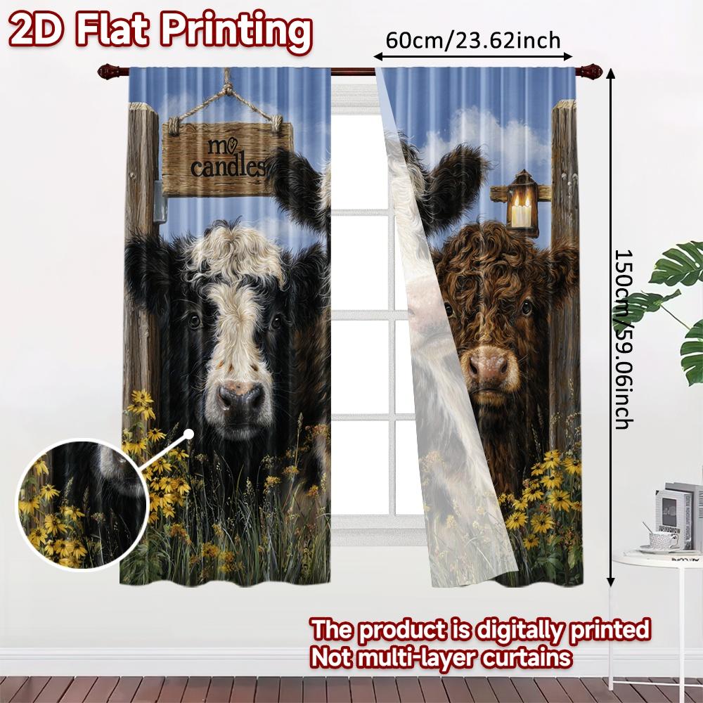 2pcs, 2D FLAT PRINTING Curtains (Without Rod) Curious Cows Holiday Printed Curtains Yarn Curtains Thermal Insulation, and Room