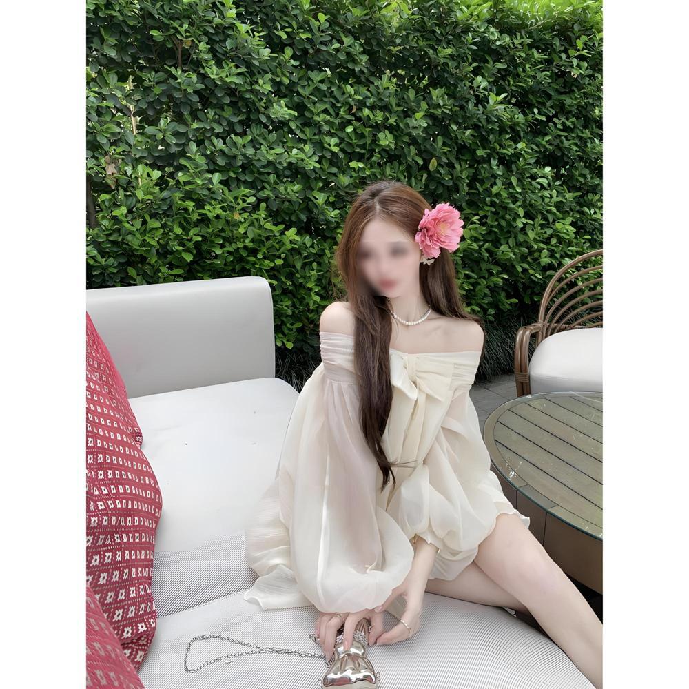 Gentle wind bow shoulder lantern sleeve top summer new sweet loose and thin chiffon shirt