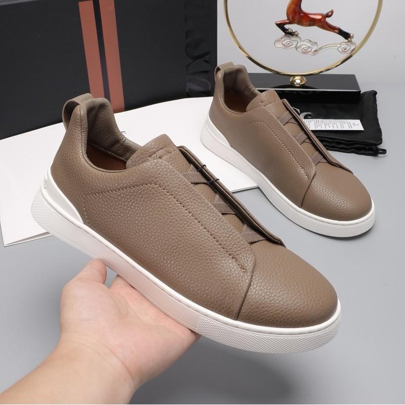 Mens Genuine Leather Slip-On Casual Sneakers Low-Cut Breathable Lightweight Comfortable Everyday Shoes