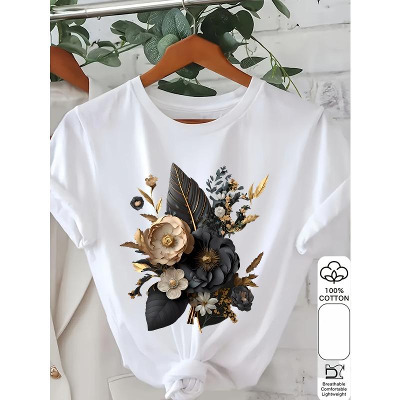 

Женская бирюзовая футболка с золотым цветочным принтом, круглый вырез, короткий рукав, мягкая, дышащая, обычная посадка, можно стирать в машине, весенне-летний повседневный топ S белый