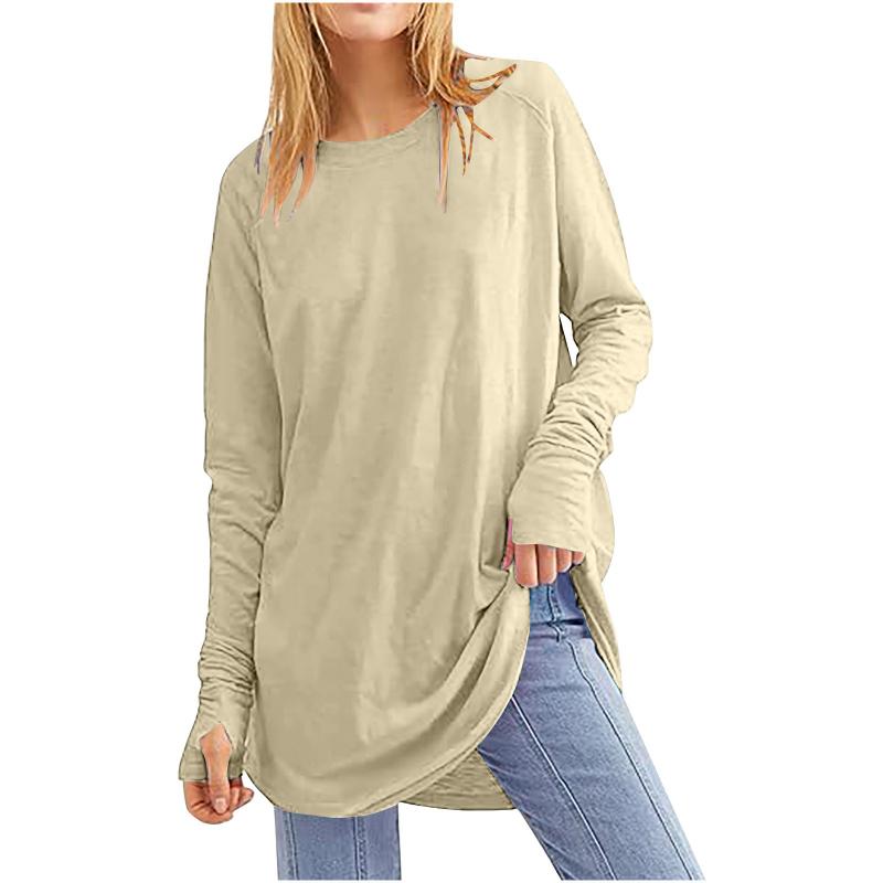Tops Women’s Solid Color Loose Round Neck Long Sleeve Thumb T-shirt Top Women