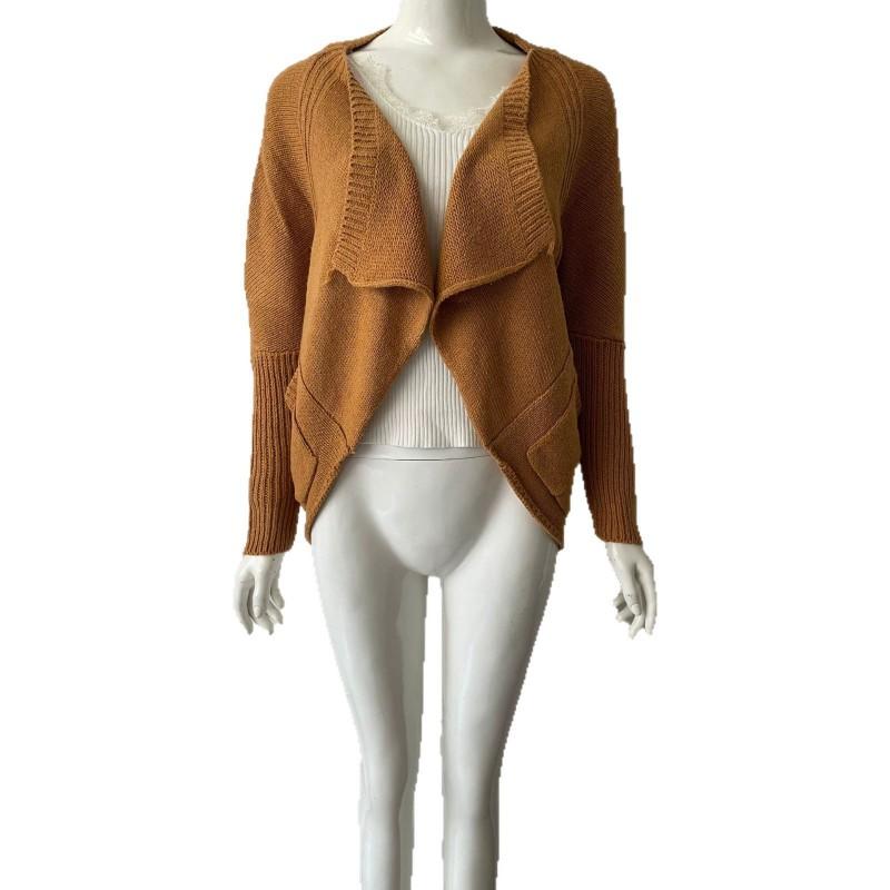 Womens Solid Color Knit Cardigan With Lapel Collar Pocket Batwing Sleeve 2026 Lightweight Casual Sweater
